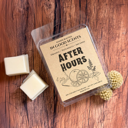 Handcrafted wax melts packaging labeled 'After Hours' on a wooden surface