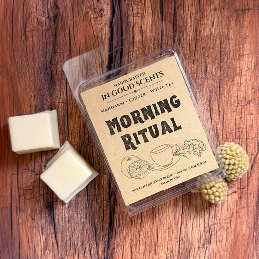 Handcrafted wax melt packaging with 'Morning Ritual' label on a wooden surface