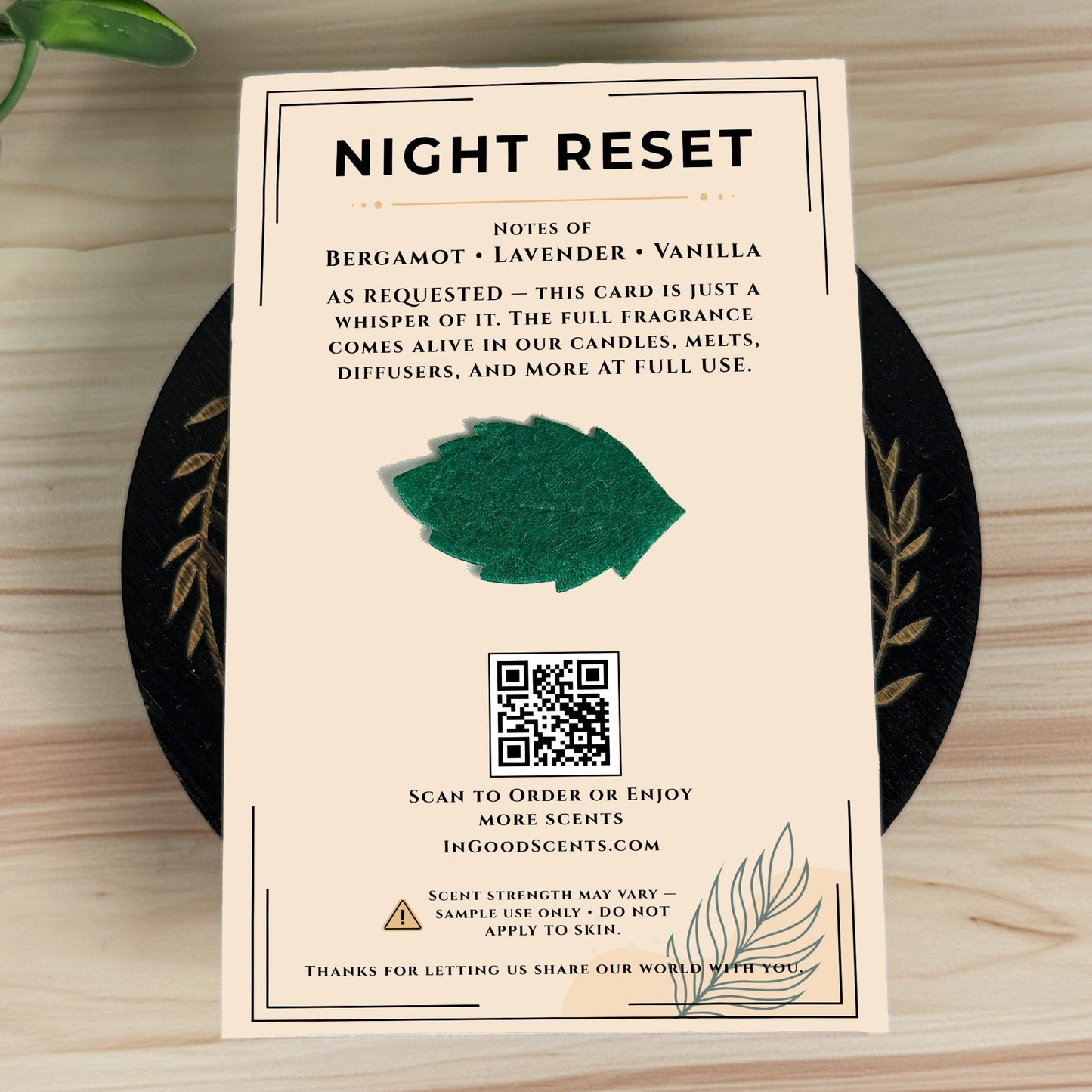 Product label for 'After Hours' scented product with QR code on a wooden surface