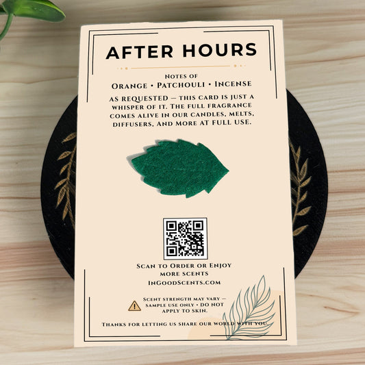 Product scent card for 'After Hours' scented product with QR code on a wooden surface