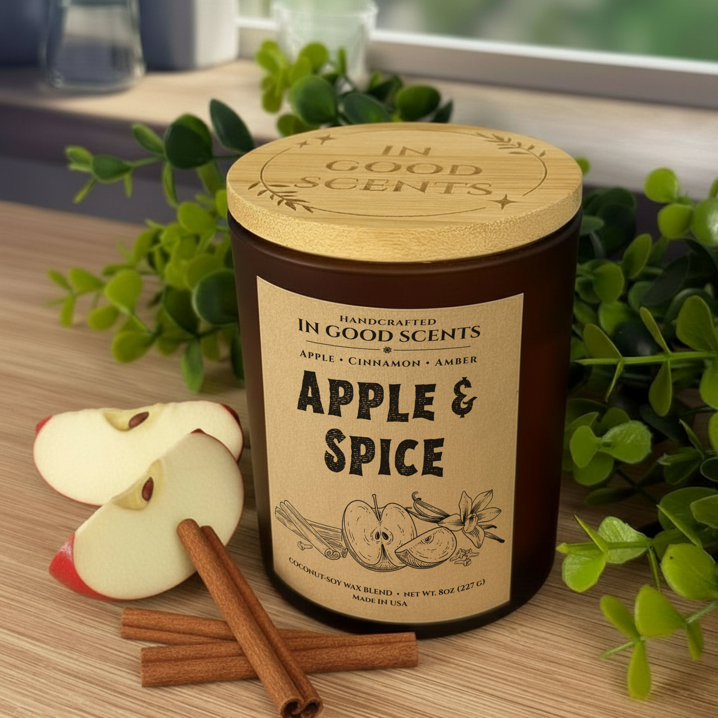 Apple & Spice 8oz candle with bamboo lid, styled with apple slices and cinnamon sticks on a wooden surface.