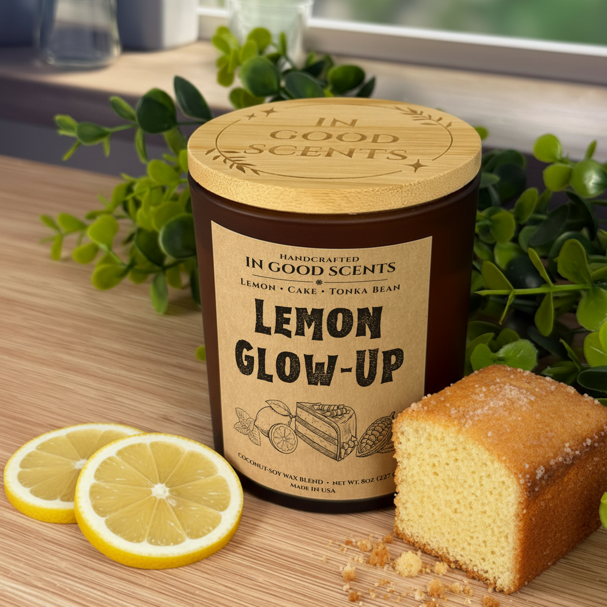 Lemon Glow-Up 8oz candle in amber glass with bamboo lid on wood table, lemon slices and lemon cake beside it.