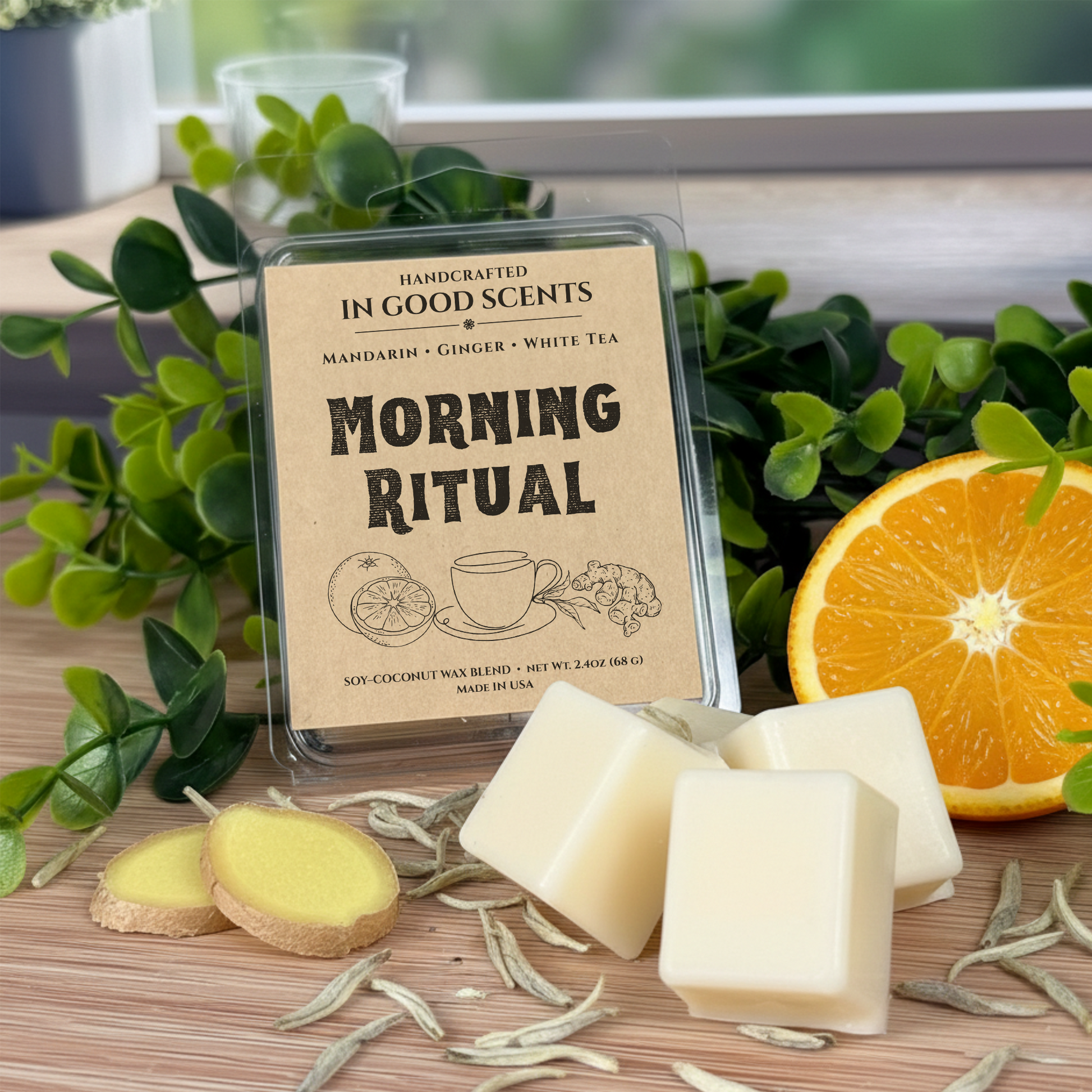 Handcrafted wax melts packaging labeled 'Morning Ritual' with orange slices and greenery on a wooden surface.