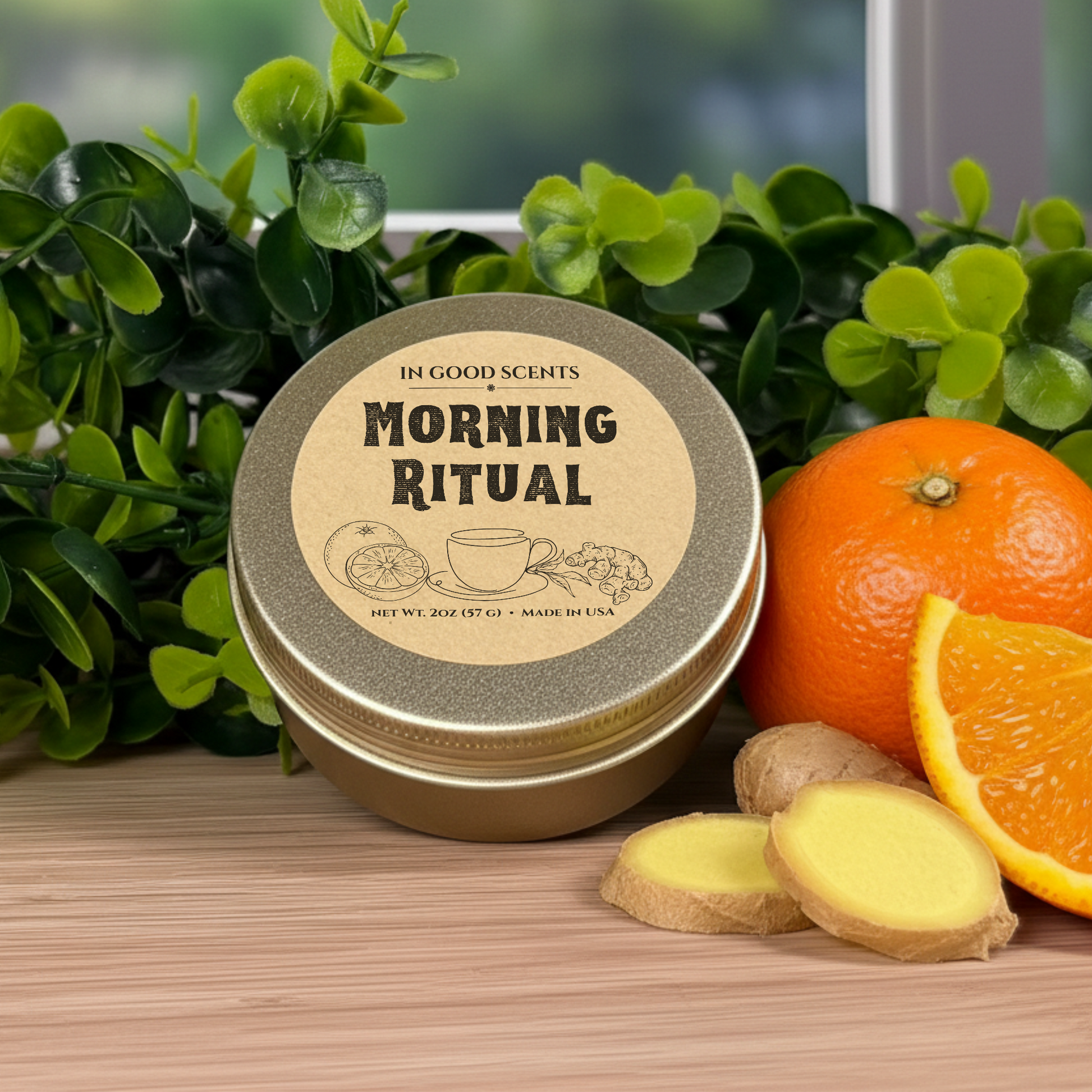 Morning Ritual 2oz travel tin candle by In Good Scents on a wood surface with greenery, fresh orange, and sliced ginger beside the labeled lid.