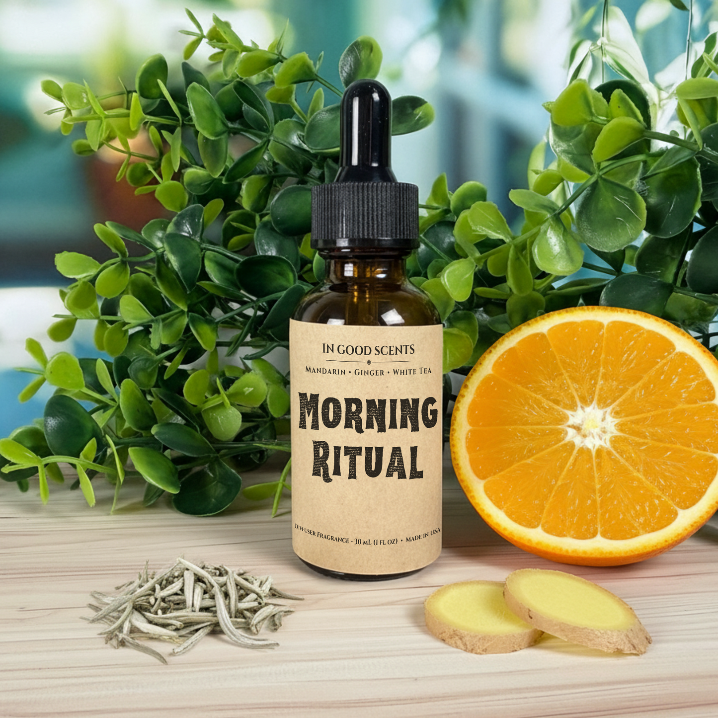 Bottle of 'Morning Ritual' with an orange and ginger slices on a wooden surface with greenery.