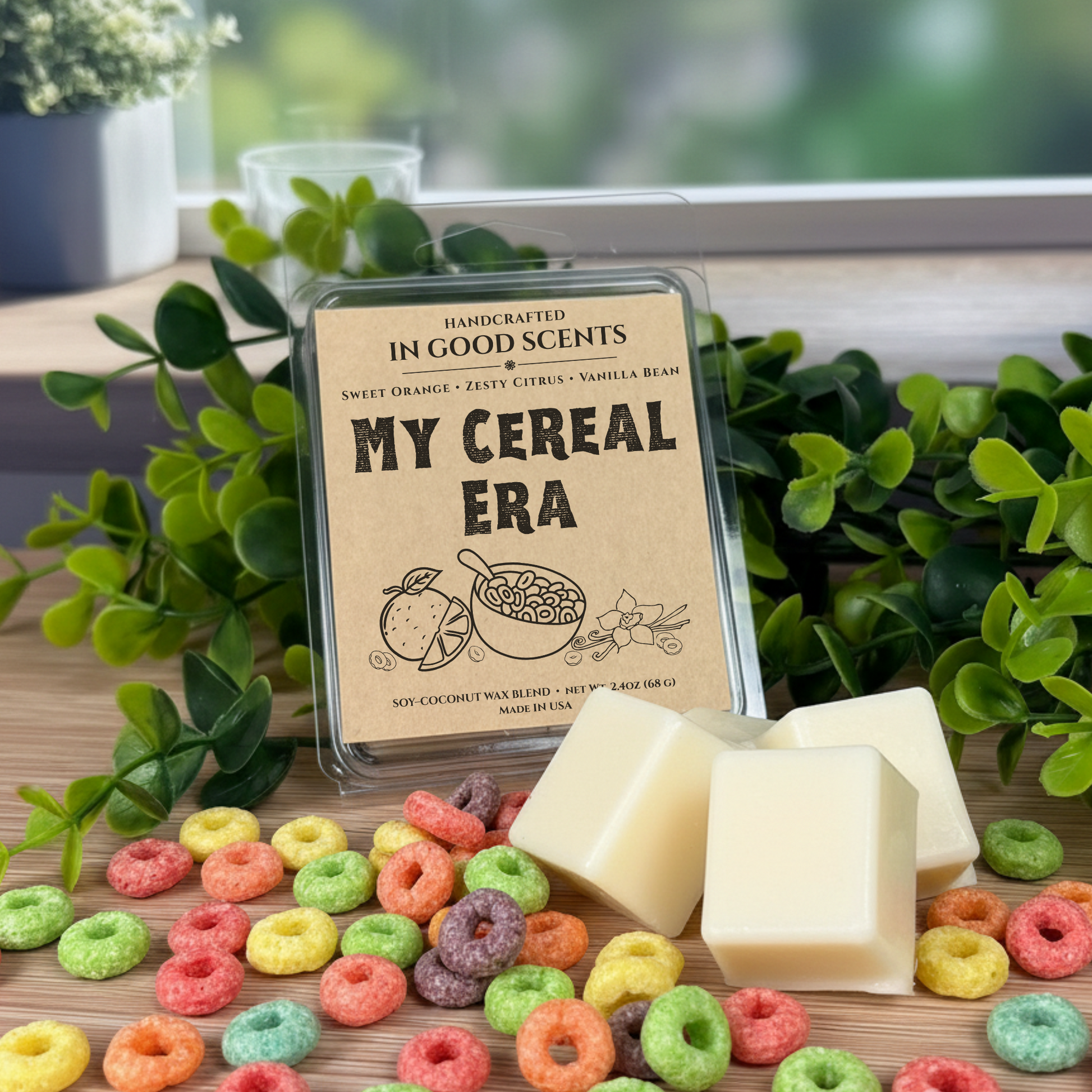 Wax Melts with packaging labeled 'My Cereal Era' with colorful cereal on a wooden surface.