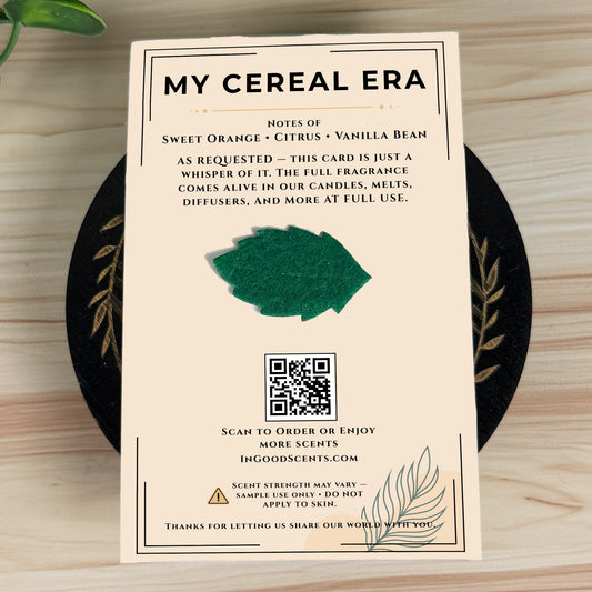 Product Scent Card with text and QR code on a wooden surface