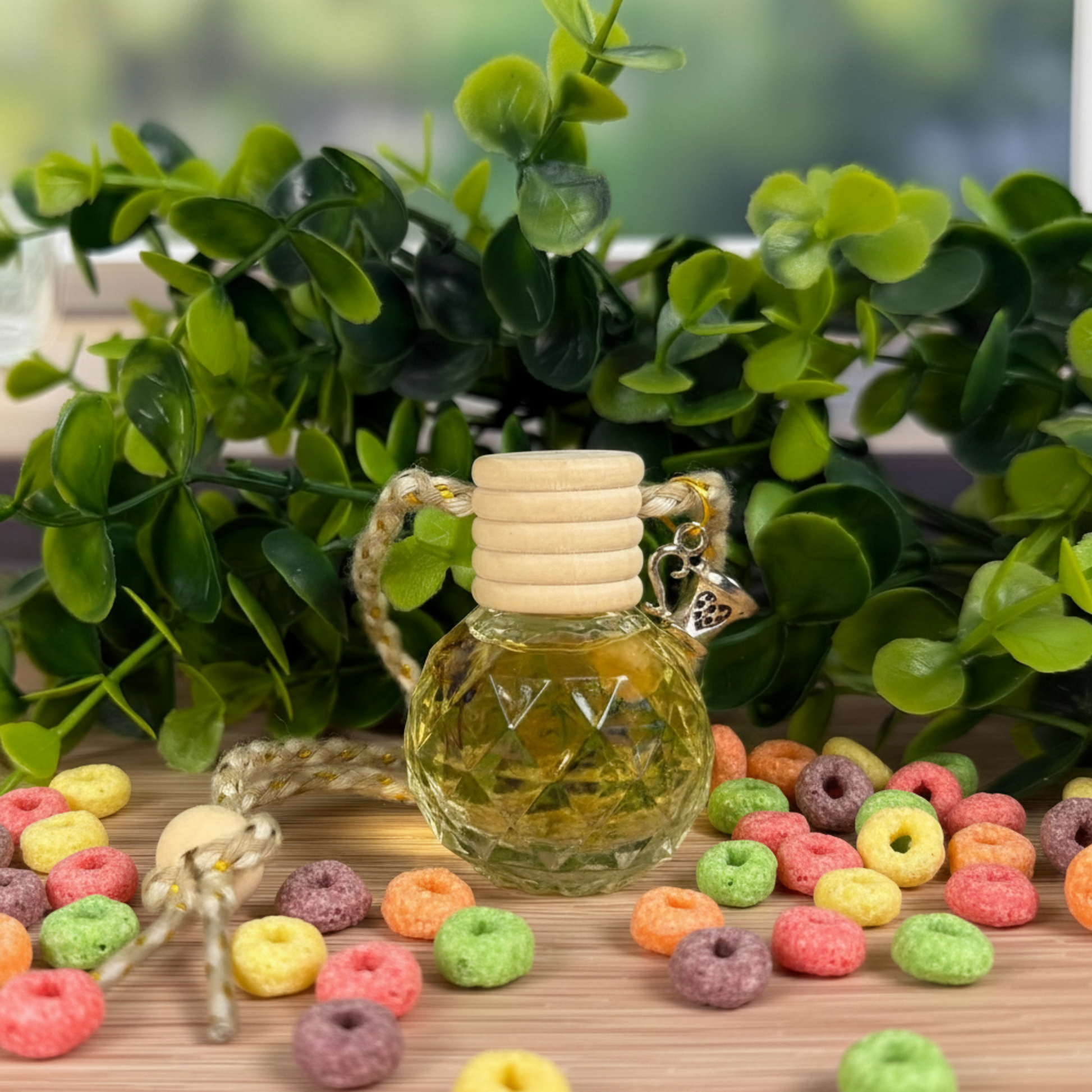 Small glass bottle Diffuser with wooden cap on a wooden surface with colorful fruit loops and green leaves in the background
