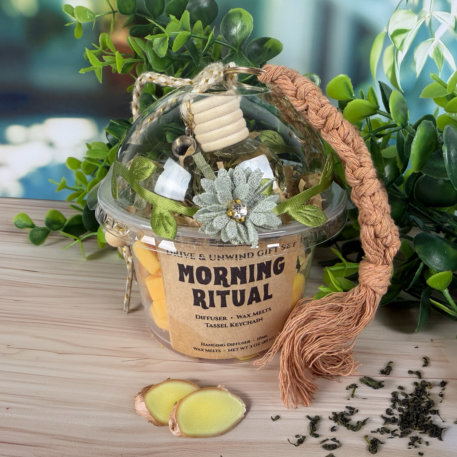 Morning Ritual product with tassel and natural elements on a wooden surface