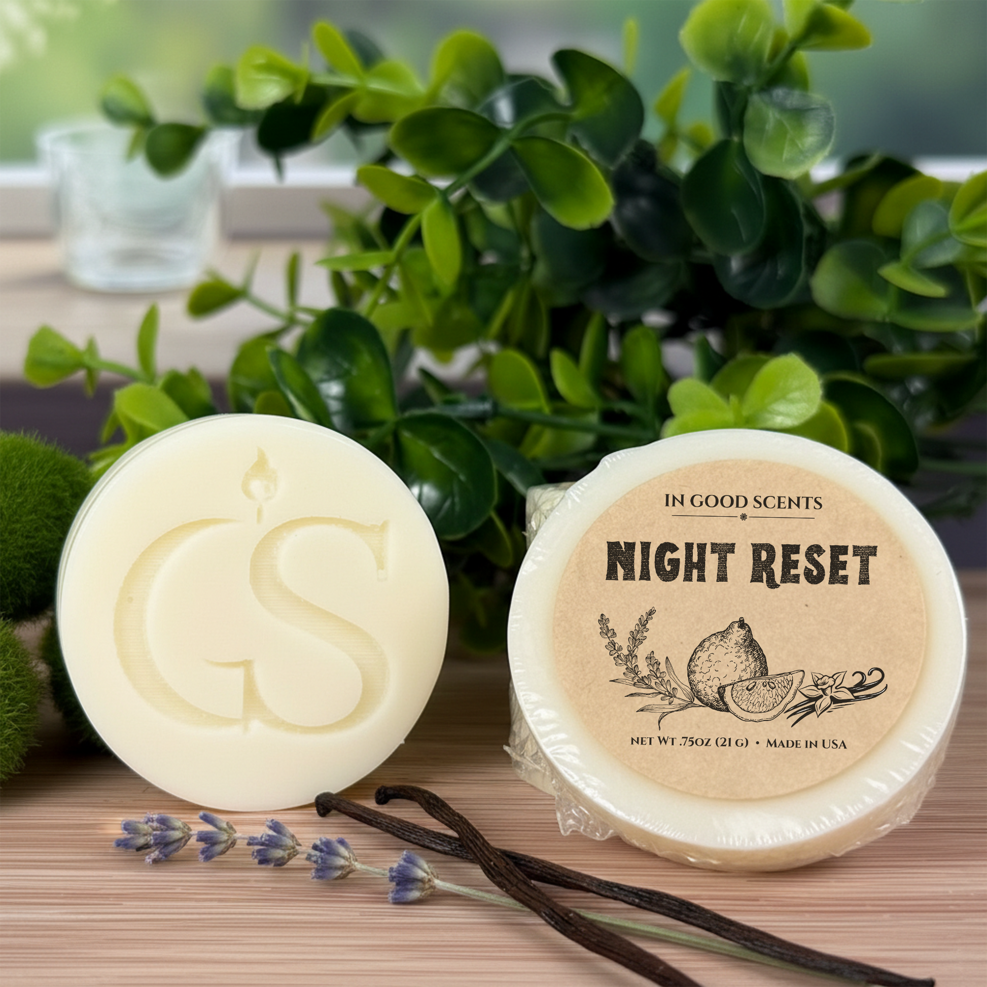 Night Reset wax melt tart (0.75 oz) by In Good Scents with GS logo melt, vanilla beans and lavender props
