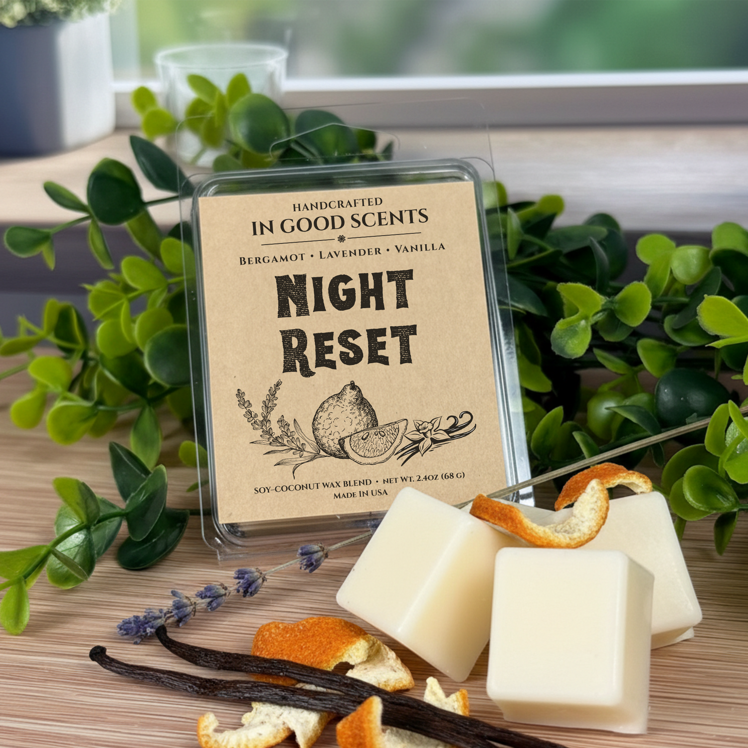 Handcrafted wax melts packaging labeled 'Night Reset' with vanilla beans and orange peels on a wooden surface.