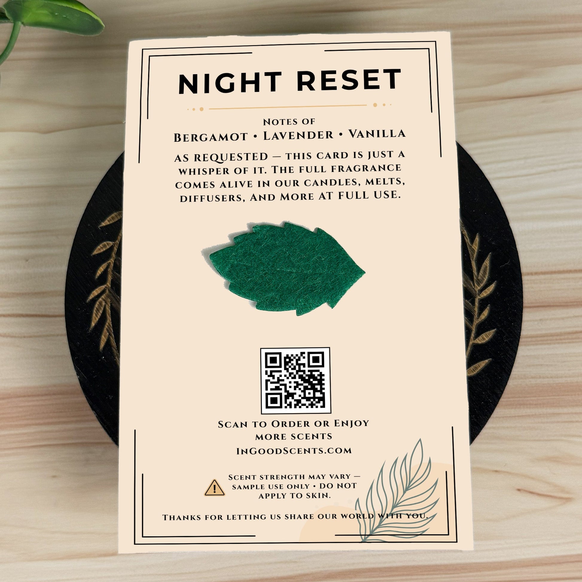 Product label for 'After Hours' scented product with QR code on a wooden surface