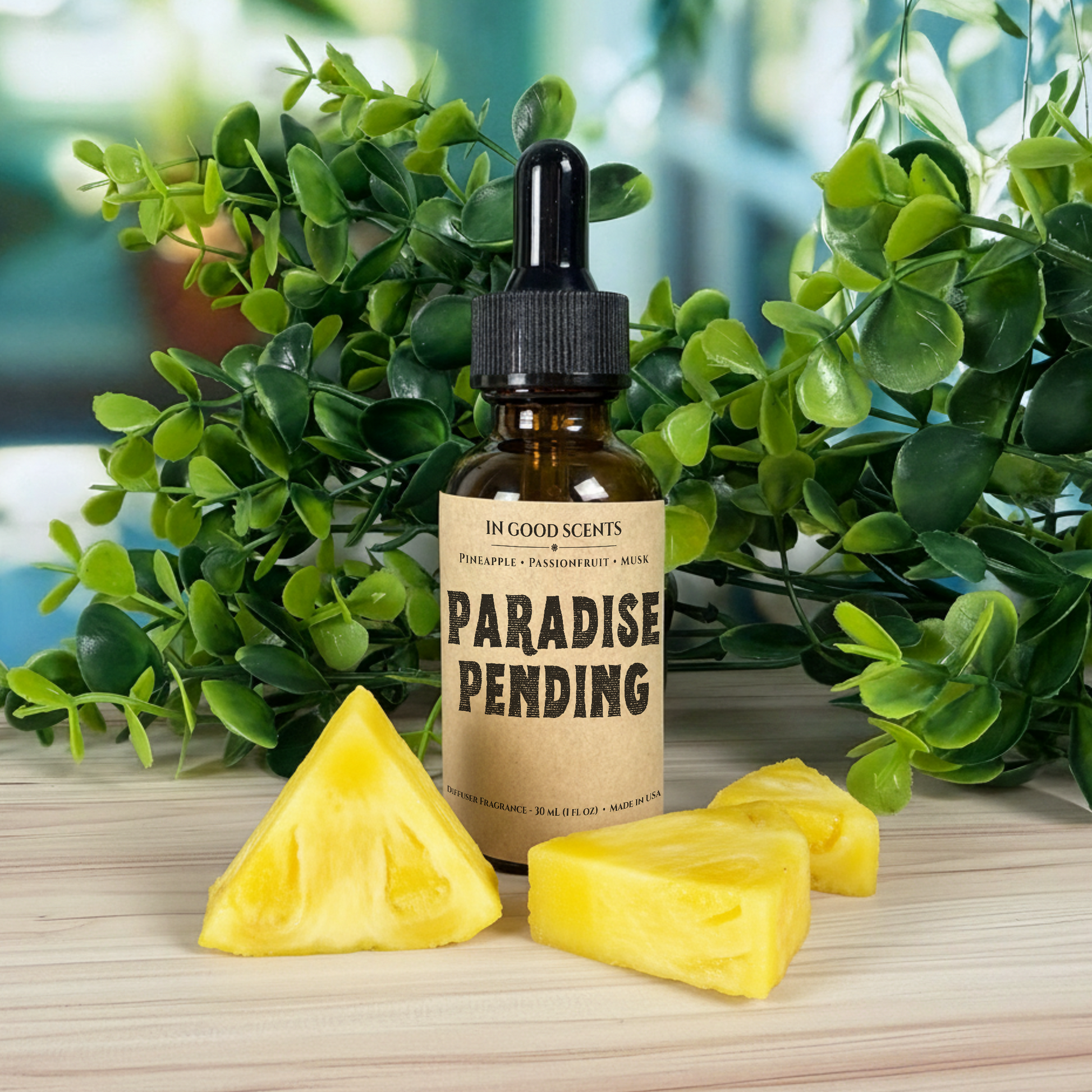Bottle labeled 'Paradise Pending' with pineapple slices on a wooden surface with greenery in the background