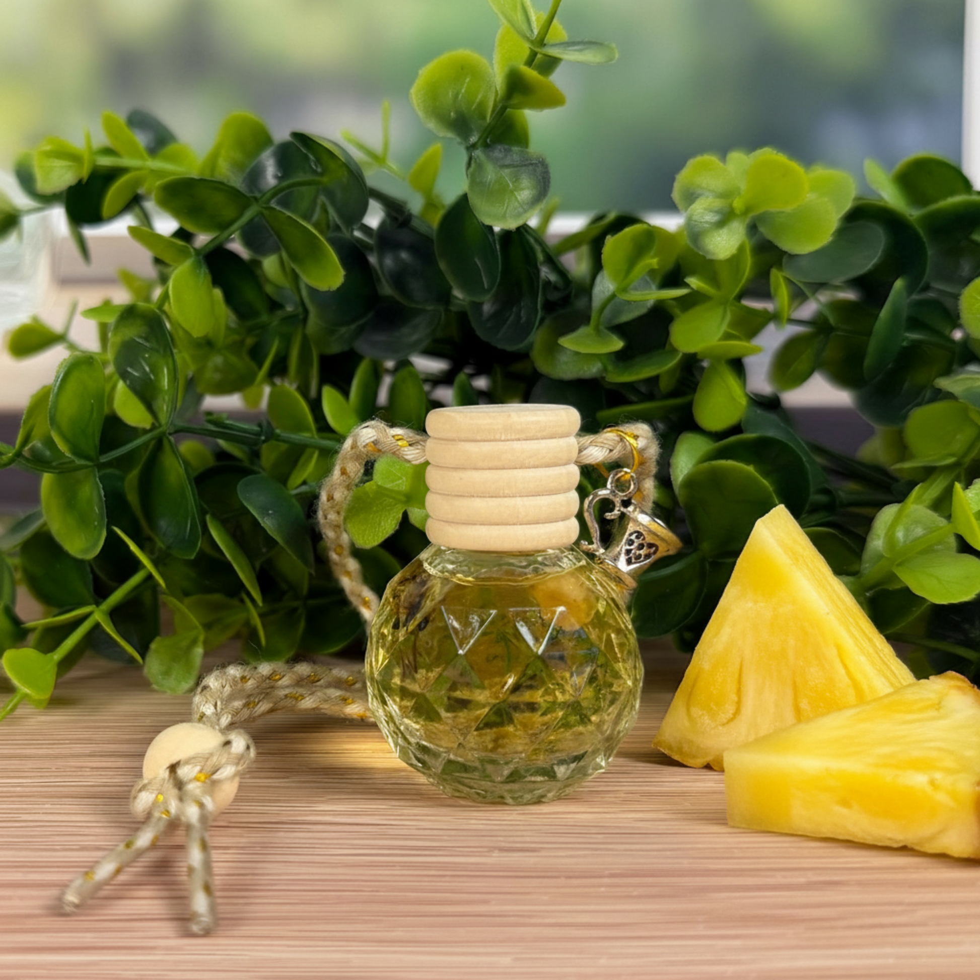Small glass bottle Diffuser with wooden cap on a wooden surface with green leaves and pineapple pieces in the background