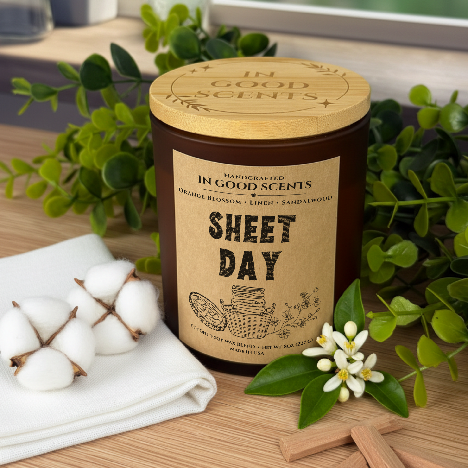 Sheet Day 8oz candle in an amber jar with bamboo lid, styled with cotton bolls, folded linen, and orange blossom on a wooden surface.